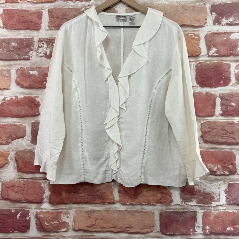 Chicos Top Women's XL White 100% Linen Chic Feminine Ruffle Casual Shirt